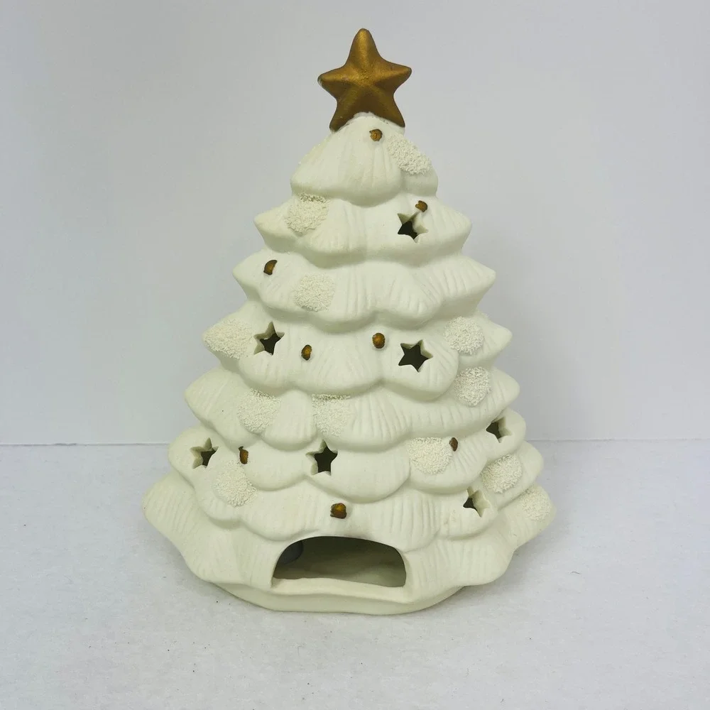 White Ceramic Christmas Tree Tea Light Holder Gold Star Cutouts Holiday Decor 8